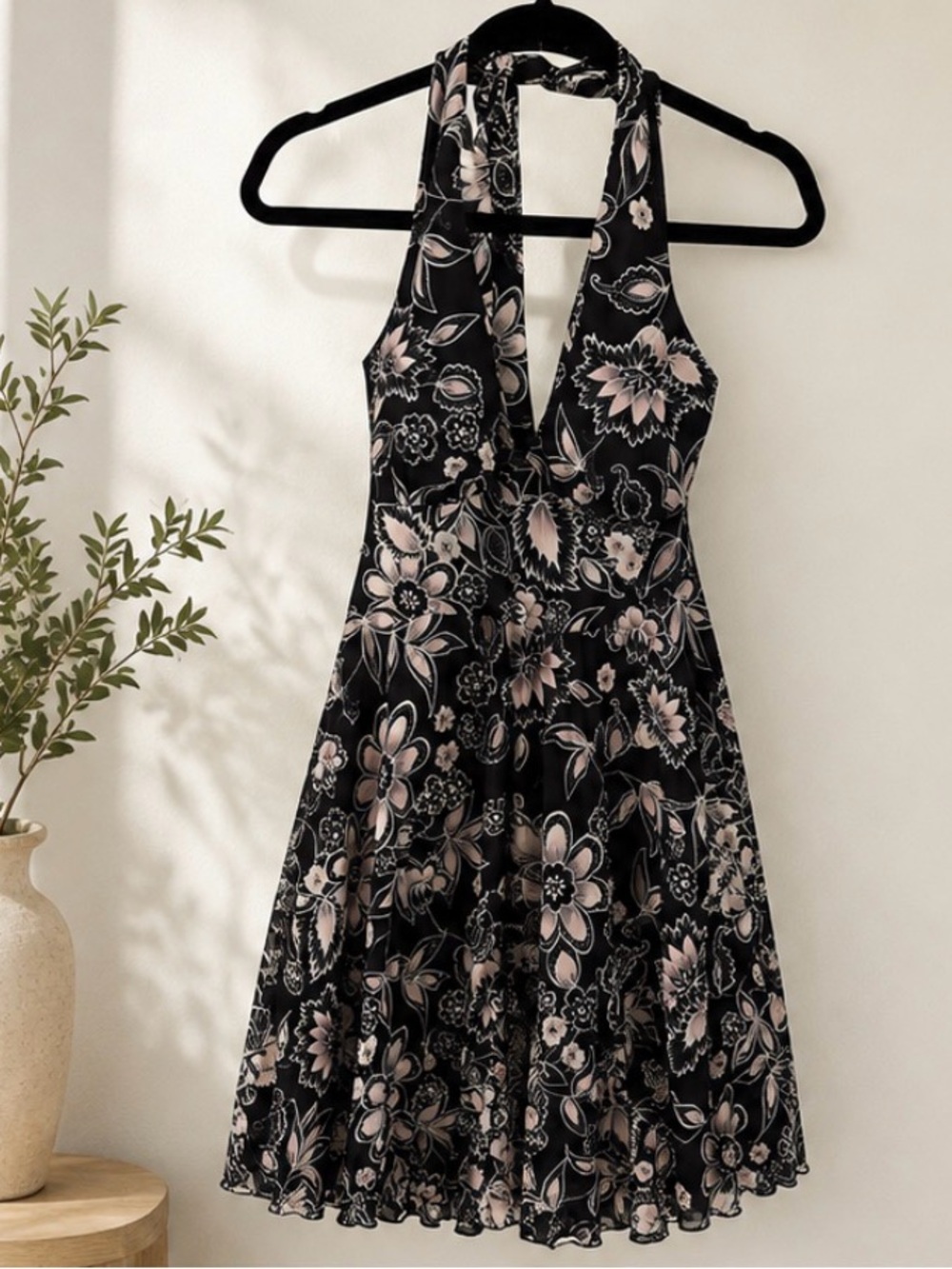Halter Midi Dress in Black with Soft Pink Floral Print